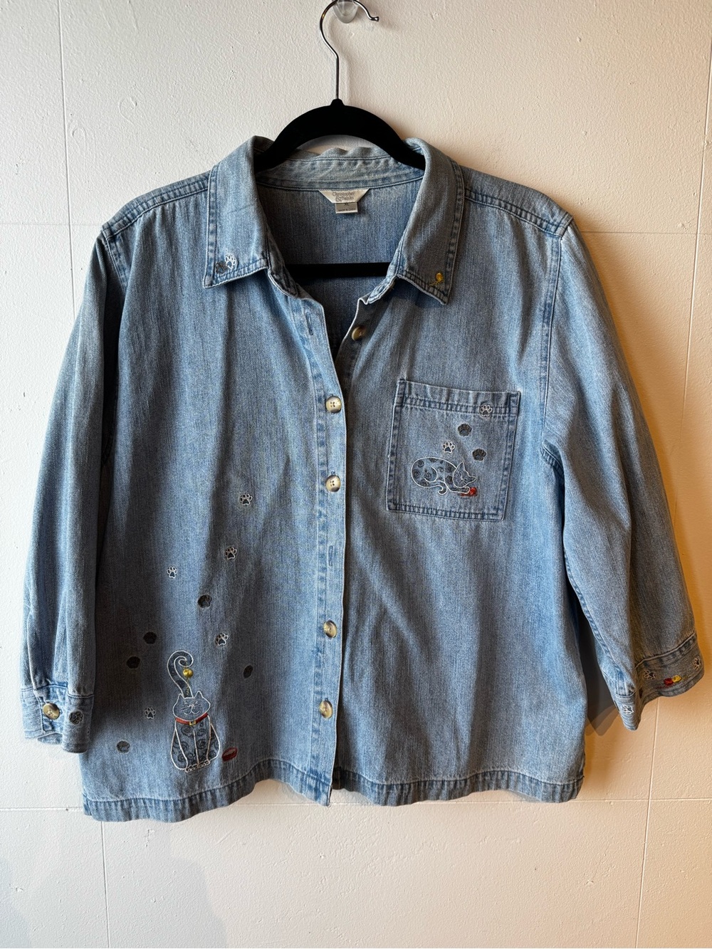Christopher & Banks Light Blue Embroidered Denim Button-Down Cat Shirt